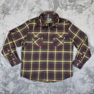 Woolrich Plaid Flannel Button Up Shirt Size Large Burgundy Green Yellow